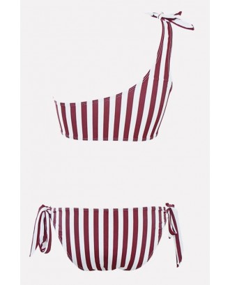 Dark-red Stripe One Shoulder Tie Sides Beautiful Swimwear