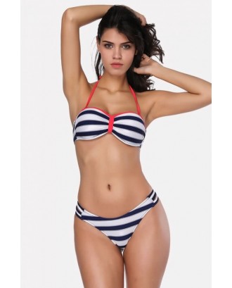 Blue Stripe Halter Padded Beautiful Swimwear Swimsuit