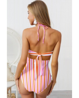 Light-pink Stripe Print Pom Pom Hollow Out Beautiful One Piece Swimsuit