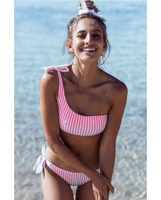 Pink-stripe One Shoulder Tie Sides Beautiful Swimwear