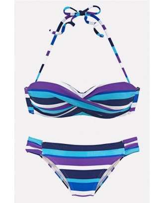 Purple Stripe Print Halter Spaghetti Straps Beautiful Swimwear