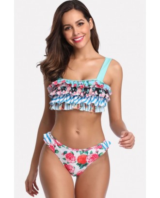 Light-blue Floral Stripe Ruffles Trim Padded Beautiful Swimwear Swimsuit