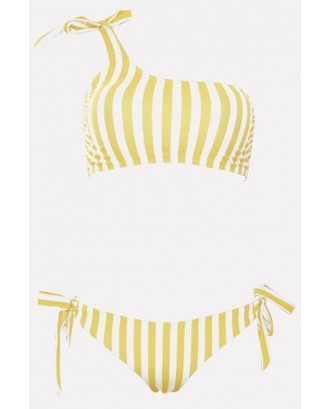 Yellow-stripe One Shoulder Tie Sides Beautiful Swimwear