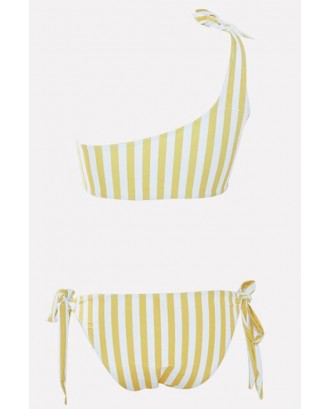 Yellow-stripe One Shoulder Tie Sides Beautiful Swimwear