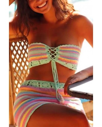 Light-green Lace Up Crochet Bandeau Skirted Beautiful Two Piece Swimsuit