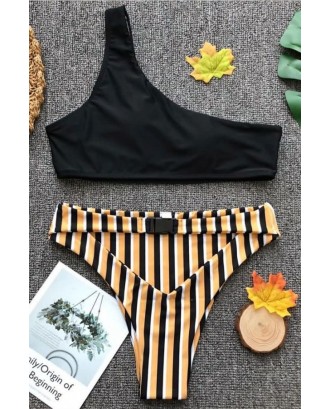 Black Stripe One Shoulder Cutout Padded Beautiful Swimwear Swimsuit