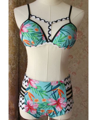 Green Floral Print Stripe Detail Swimwear Swimsuit