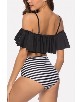 Black Stripe Ruffles Off Shoulder High Waist Beautiful Swimwear