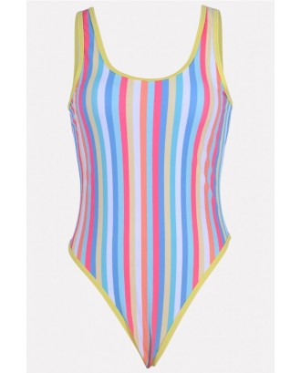 Light-blue Stripe Print High Cut Thong Beautiful One Piece Swimsuit