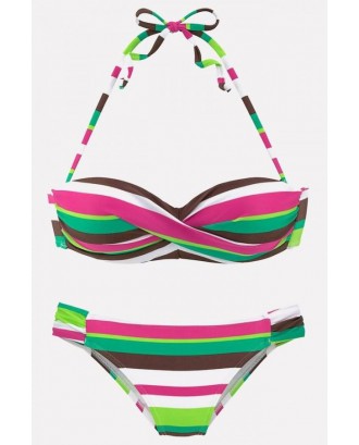 Light-green Stripe Print Halter Spaghetti Straps Beautiful Swimwear