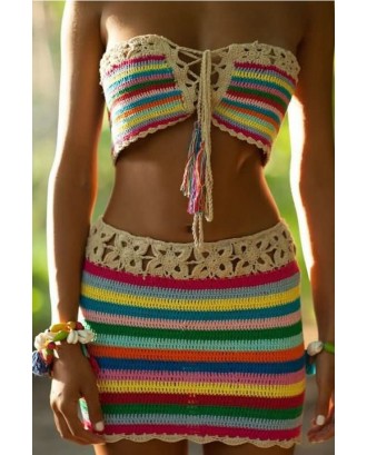 Multi Lace Up Crochet Bandeau Skirted Beautiful Two Piece Swimsuit