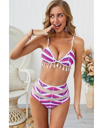 Purple Striped Tassels Hollow Out Triangle High Waist Beautiful Swimwear