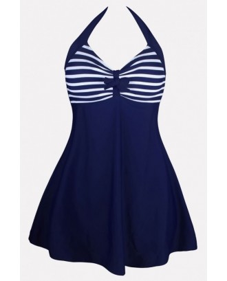 Dark-blue Stripe Halter Push Up Beautiful One Piece Swimsuit