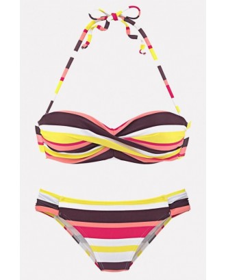 Yellow Stripe Print Halter Spaghetti Straps Beautiful Swimwear