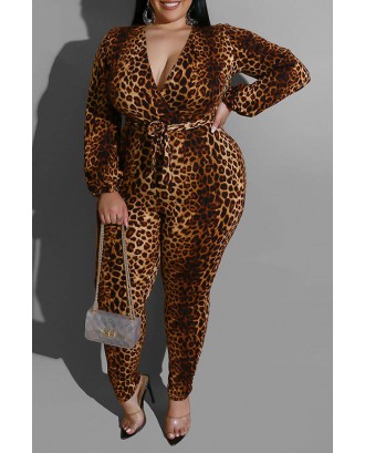 Lovely Casual Leopard Printed Plus Size One-piece Jumpsuit