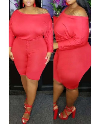 Lovely Casual Dew Shoulder Red Plus Size One-piece Romper