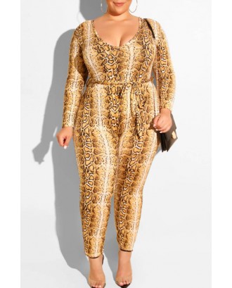 Lovely Casual U Neck Snakeskin Printed Plus Size One-piece Jumpsuit