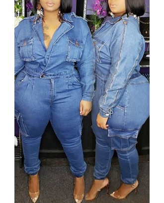 Lovely Casual Pocket Patched Blue Plus Size One-piece Jumpsuit