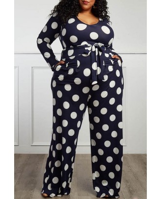 Lovely Trendy Dot Printed Dark Blue Plus Size One-piece Jumpsuit