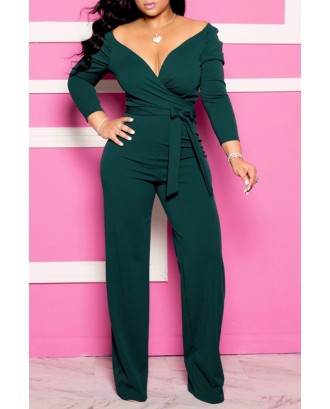 Lovely Casual V Neck Lace-up Green Plus Size One-piece Jumpsuit