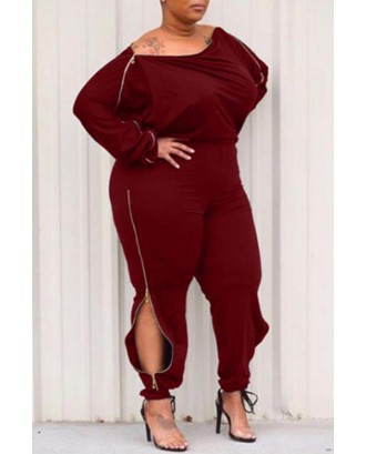 Lovely Casual Zipper Design Wine Red Plus Size One-piece Jumpsuit