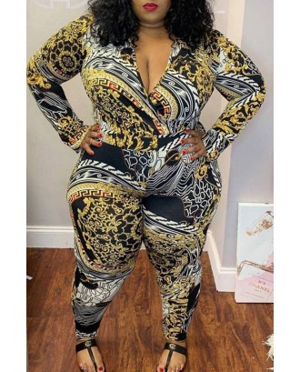 Lovely Casual V Neck Apricot Plus Size One-piece Jumpsuit