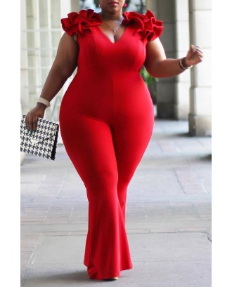 Lovely Casual V Neck Red Plus Size One-piece Jumpsuit