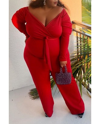 Lovely Casual V Neck Red Plus Size One-piece Jumpsuit