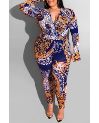 Lovely Casual Printed Blue Plus Size One-piece Jumpsuit