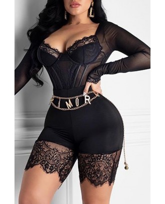 Lovely Beautiful See-through Patchwork Black One-piece Romper(Without Belt)