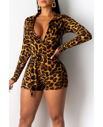 Lovely Casual Deep V Neck Leopard Printed Brown One-piece Romper