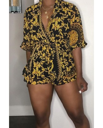 Lovely Casual V Neck Printed Black One-piece Romper
