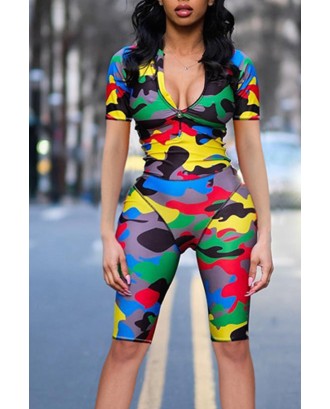 Lovely Casual Printed Yellow Camouflage One-piece Romper