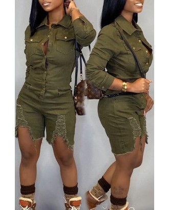 Lovely Casual Broken Holes Army Green  One-piece Romper