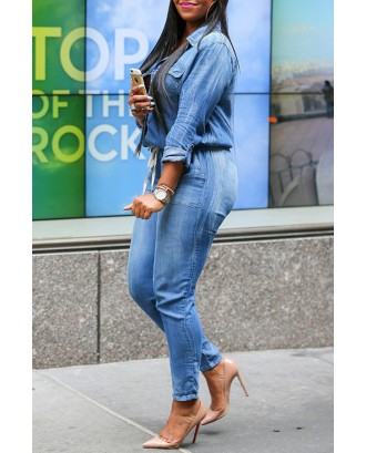 Lovely Casual Drawstring Blue One-piece Jumpsuit