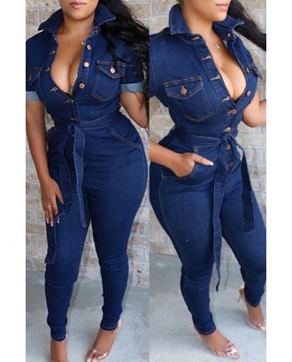 Lovely Casual Buttons Design Deep Blue One-piece Jumpsuit