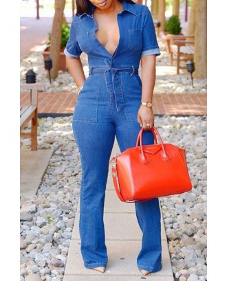 Lovely Work Lace-up Deep Blue One-piece Jumpsuit