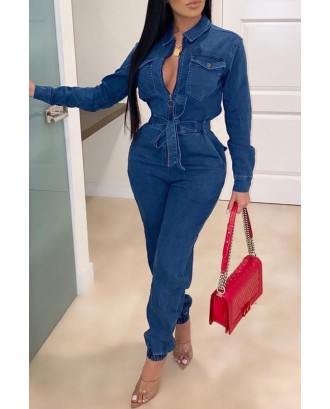 Lovely Trendy Lace-up Blue One-piece Jumpsuit