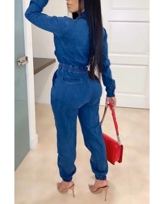 Lovely Trendy Lace-up Blue One-piece Jumpsuit