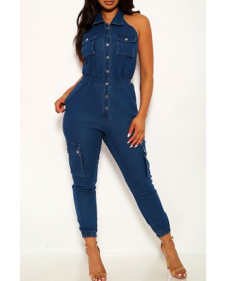 Lovely Trendy Buttons Design Blue One-piece Jumpsuit