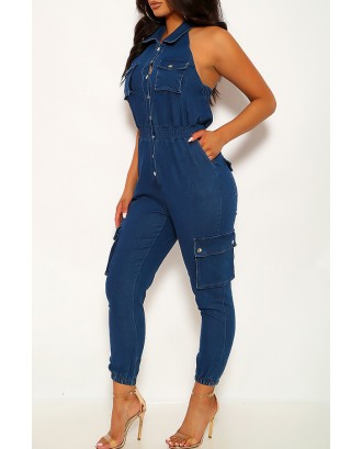 Lovely Trendy Buttons Design Blue One-piece Jumpsuit