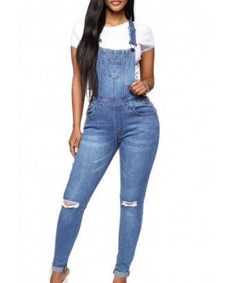 Lovely Trendy Backless Baby Blue Denim One-piece Jumpsuit
