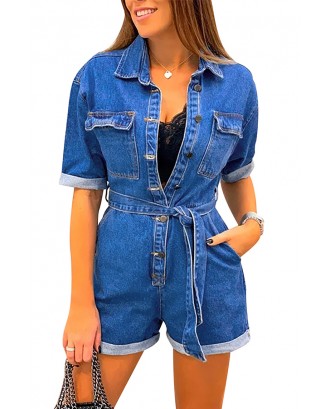 Lovely Casual Buttons Design Baby Blue One-piece Romper