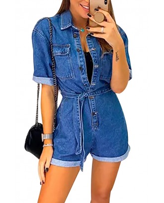 Lovely Casual Buttons Design Baby Blue One-piece Romper