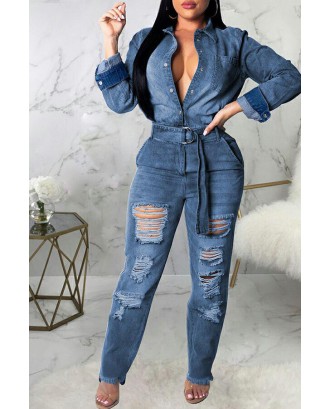 Lovely Casual Broken Holes Blue One-piece Jumpsuit