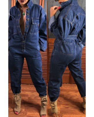 Lovely Casual Open Front With Button Loose Deep Blue Denim One-piece Jumpsuit