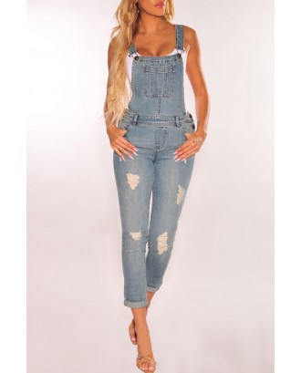 Lovely Casual Broken Holes Baby Blue One-piece Jumpsuit