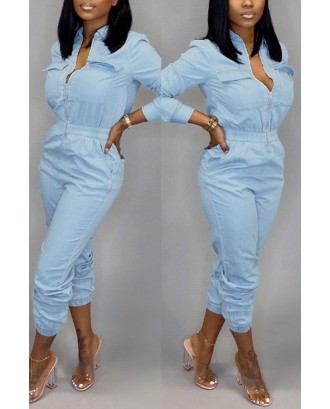 Lovely Casual  Zipper Design Baby Blue One-piece  Jumpsuit