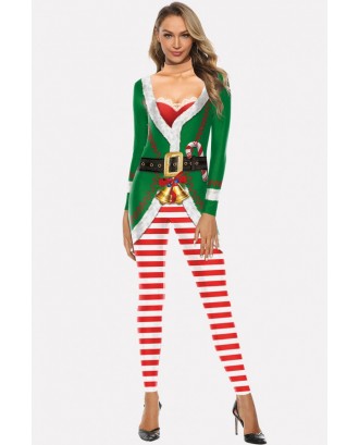 Green Stripe Print Jumpsuit Christmas Cosplay Apparel